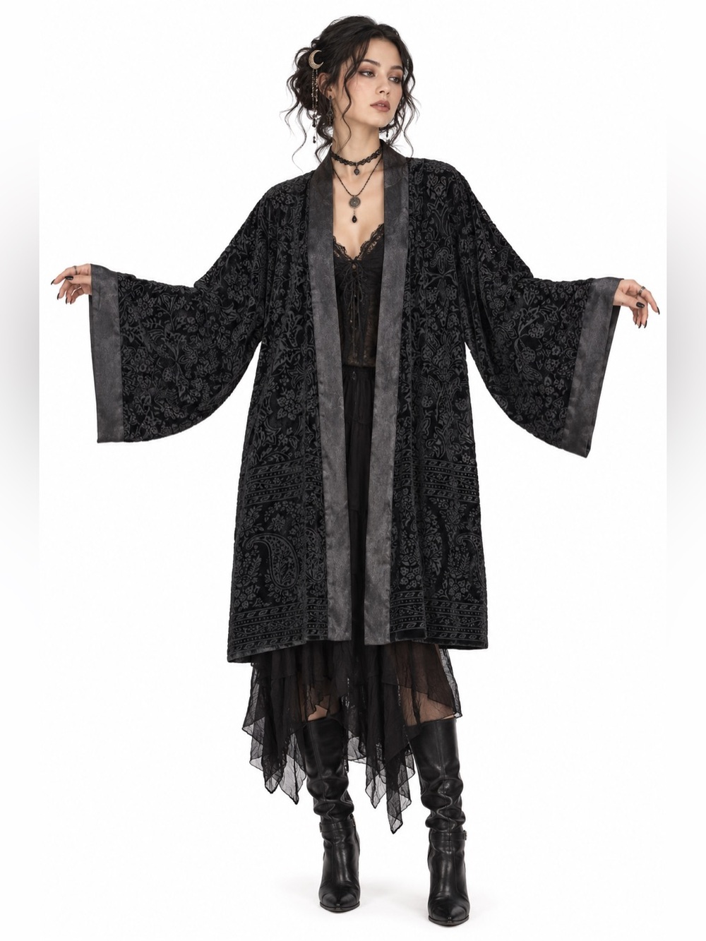 Whimsigoth Black Velvet Burnout Robe Kimono Witchy Vampirecore Fairy Grunge
